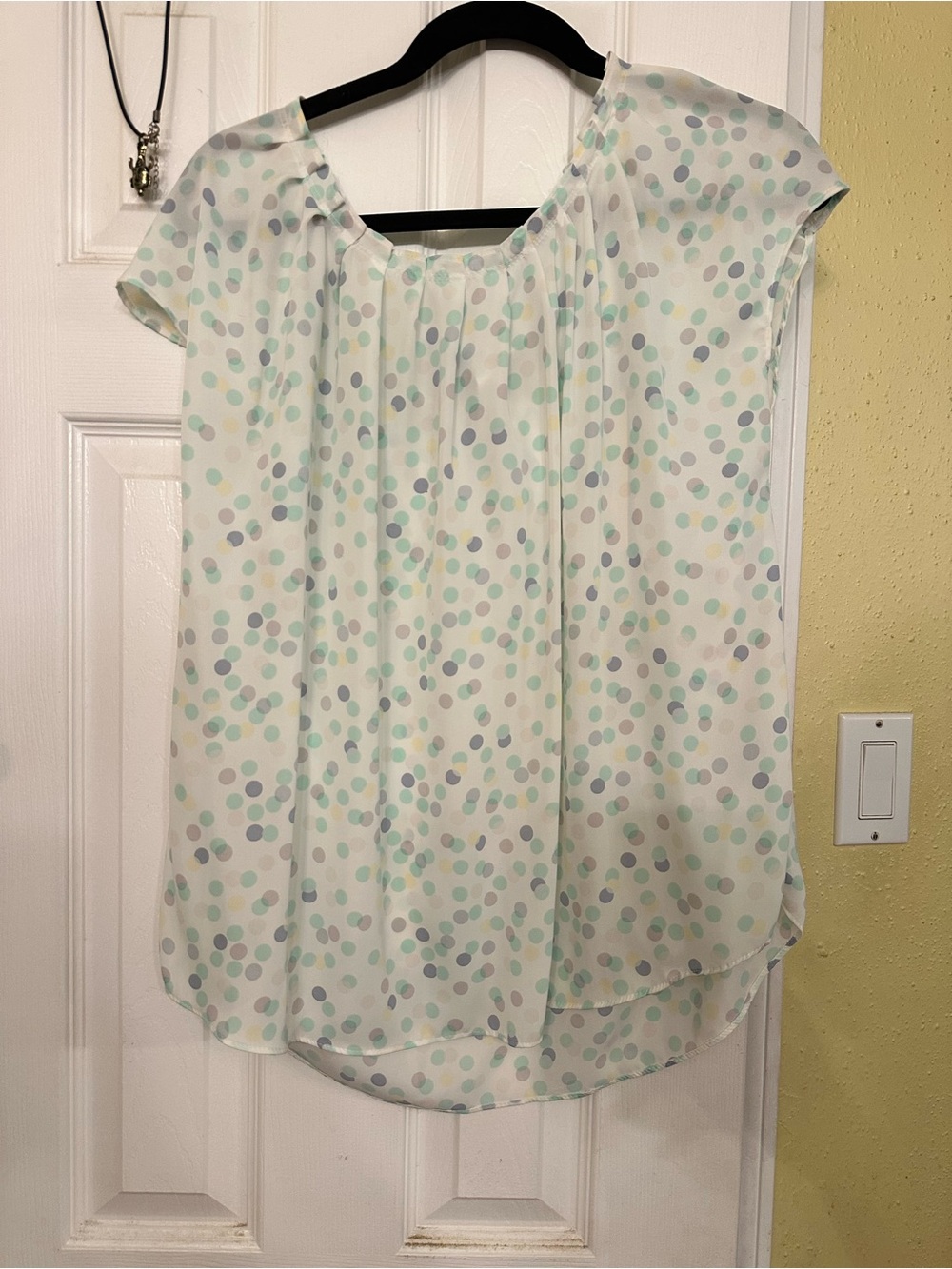 Lauren Conrad White Blouse with Mint and Light Gray Polka Dots